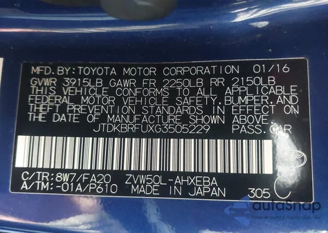 2016 Toyota Prius Two from USA, damaged, VIN JTDKBRFUXG3505229